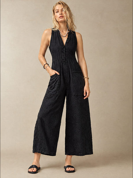 Simple Linen Blend Button-down Stand Collar Sleeveless Loose-fitting Jumpsuit