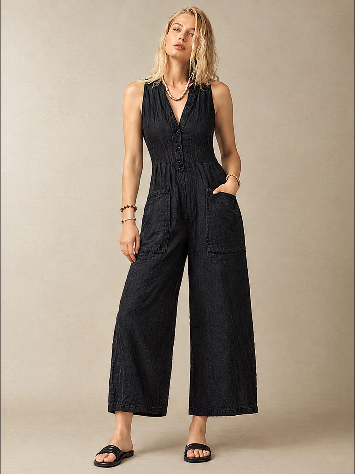 Simple Linen Blend Button-down Stand Collar Sleeveless Loose-fitting Jumpsuit