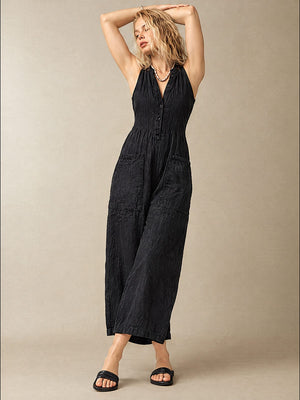 Simple Linen Blend Button-down Stand Collar Sleeveless Loose-fitting Jumpsuit