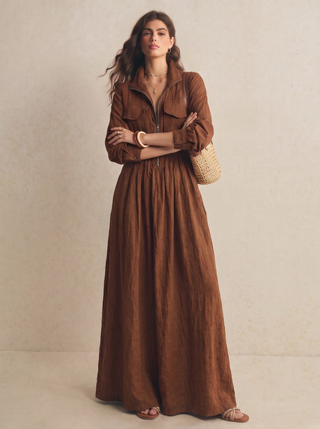 Zippered Lapel Elastic Waist Long Dress