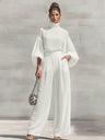 Chiffon Stand-up Collar Puff Sleeve High-waisted Draped Wide-leg Pants Two-piece Set