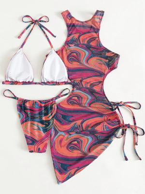 Hollow-out Drawstring Swimsuit Bikini Beach Cover-up Three-piece Set
