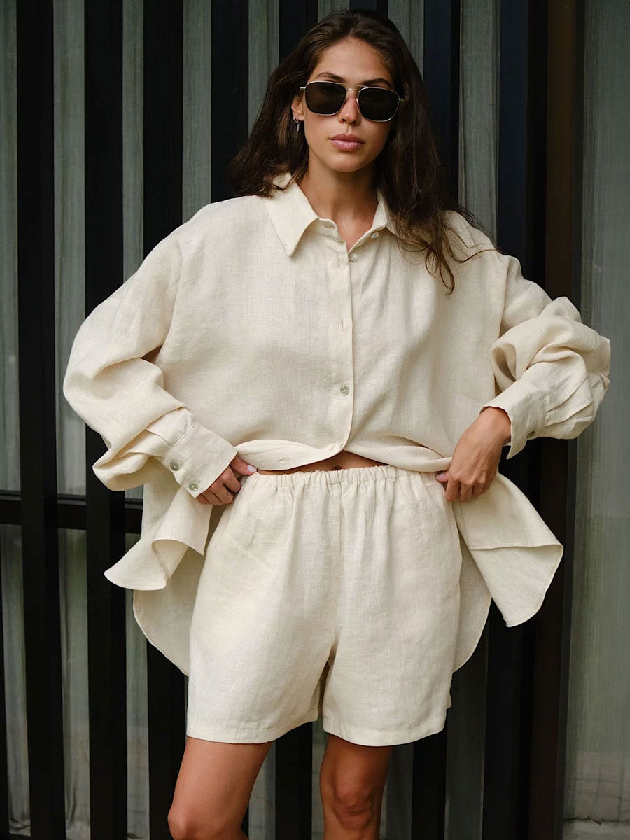 Pure Cotton Loose-fit Long-sleeved Shirt Loose Shorts Set 2-piece Sets