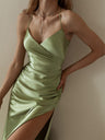 Satin Sexy Backless Halter Top With Slit Maxi Dresses