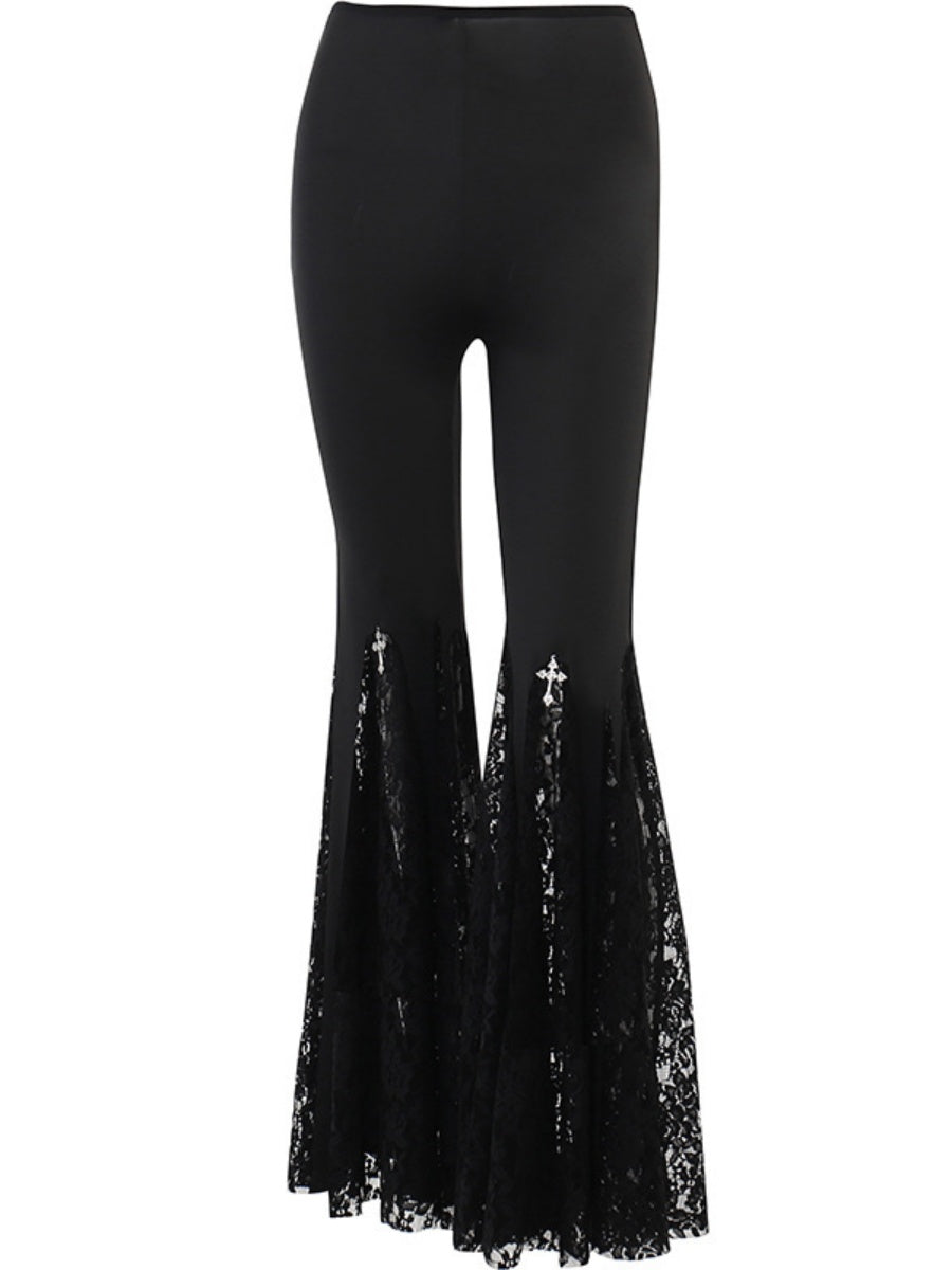 Hollow Lace Black Slightly Flared Pants