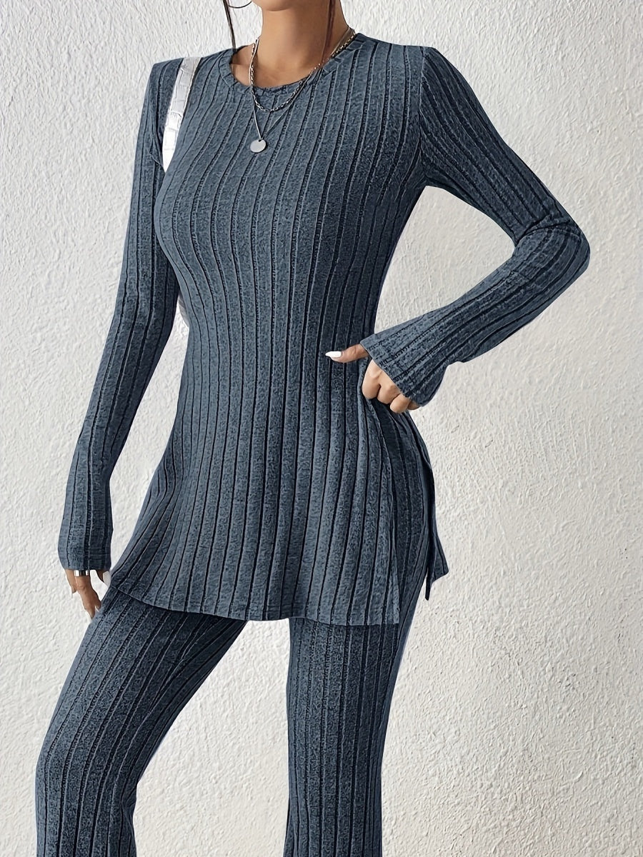 Leisure Long Sleeve Crew Neck Slit Pure Color 2-piece Sets