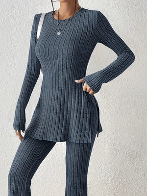 Leisure Long Sleeve Crew Neck Slit Pure Color 2-piece Sets