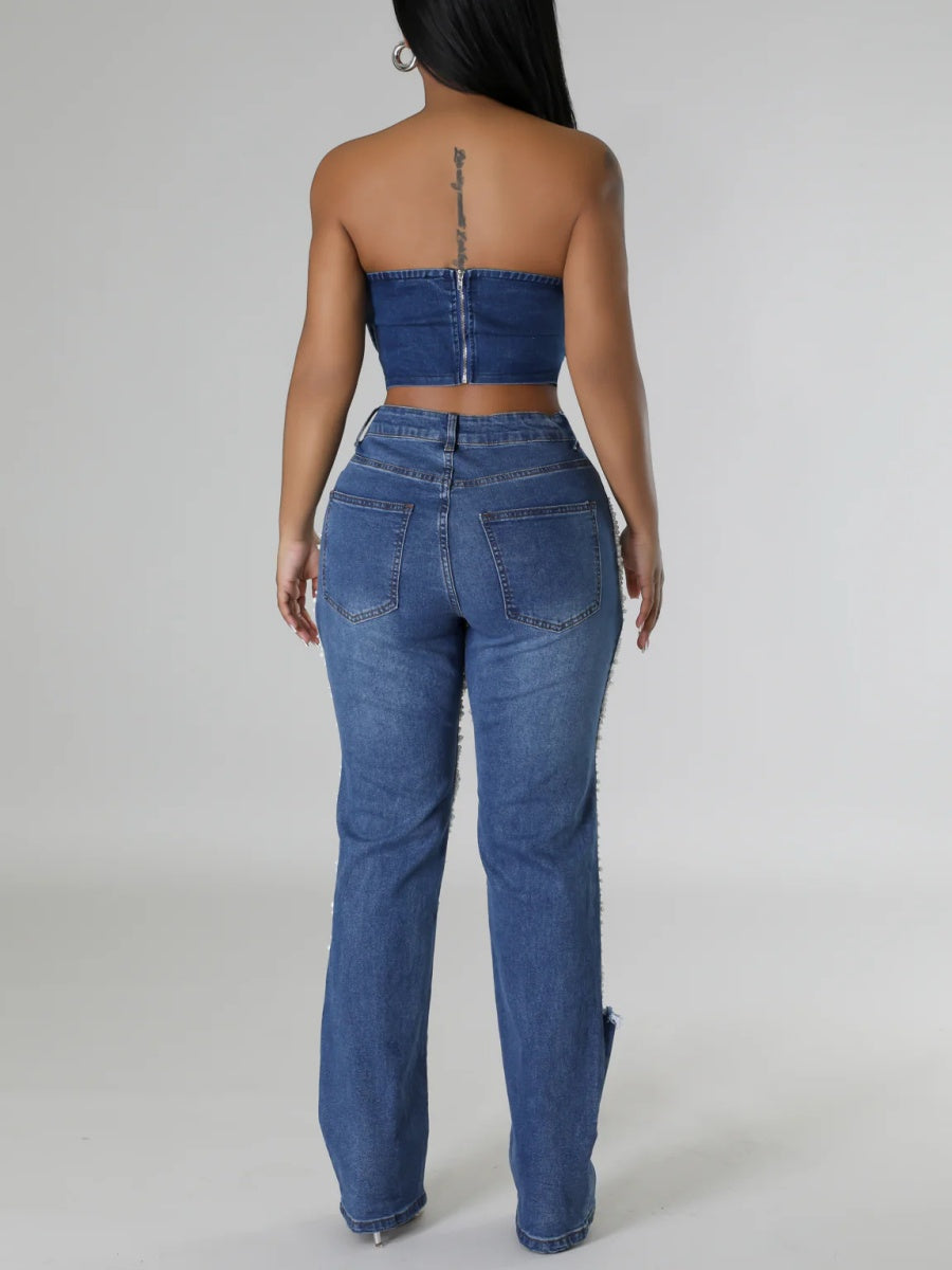 Ripped, Pearl-beaded Stretch Jeans