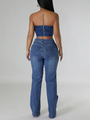 Ripped, Pearl-beaded Stretch Jeans