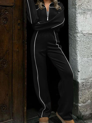 Sports Casual Suit Zipper Contrasting Colors Hoodless Cardigan Wide-leg Pants 2-piece Sets