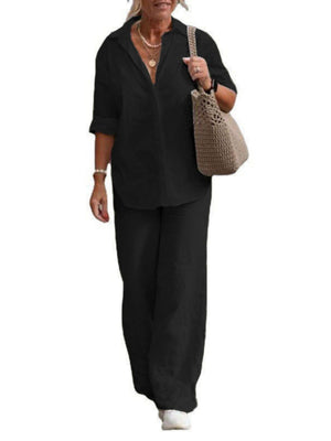 Collared Long-sleeved Shirt And Casual Solid Color Wide-leg Pants Two-piece Set For Spring And Autumn