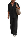 Collared Long-sleeved Shirt And Casual Solid Color Wide-leg Pants Two-piece Set For Spring And Autumn