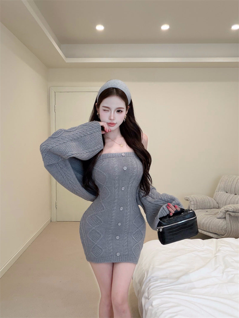 Knitted Elegant Fashion Set: Long-sleeved, Waist-cinching Sweater And Strapless Dress Two-Piece Set