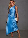 Robes maxi plissées en satin, une épaule, encolure asymétrique, couleur unie