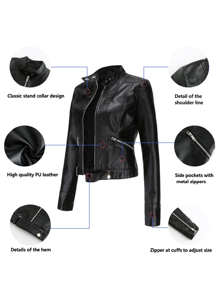 Three-dimensional Decoration Short Stand Collar Zippered Leather Jacket