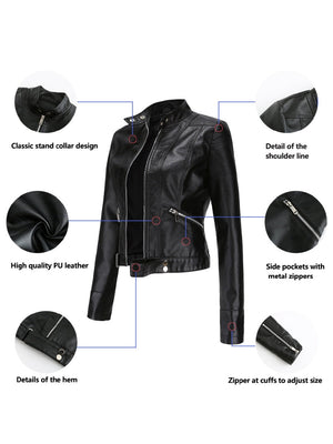 Three-dimensional Decoration Short Stand Collar Zippered Leather Jacket