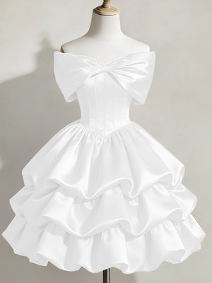 Satin Off-shoulder Bow Design Multi-layered Short Dress