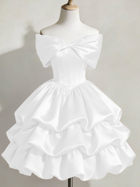 Satin Off-shoulder Bow Design Multi-layered Short Dress