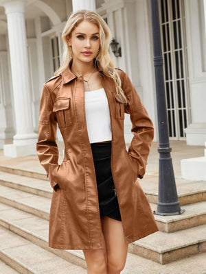Slim Fit Mid-length Pocket With Belt Leather Jacket