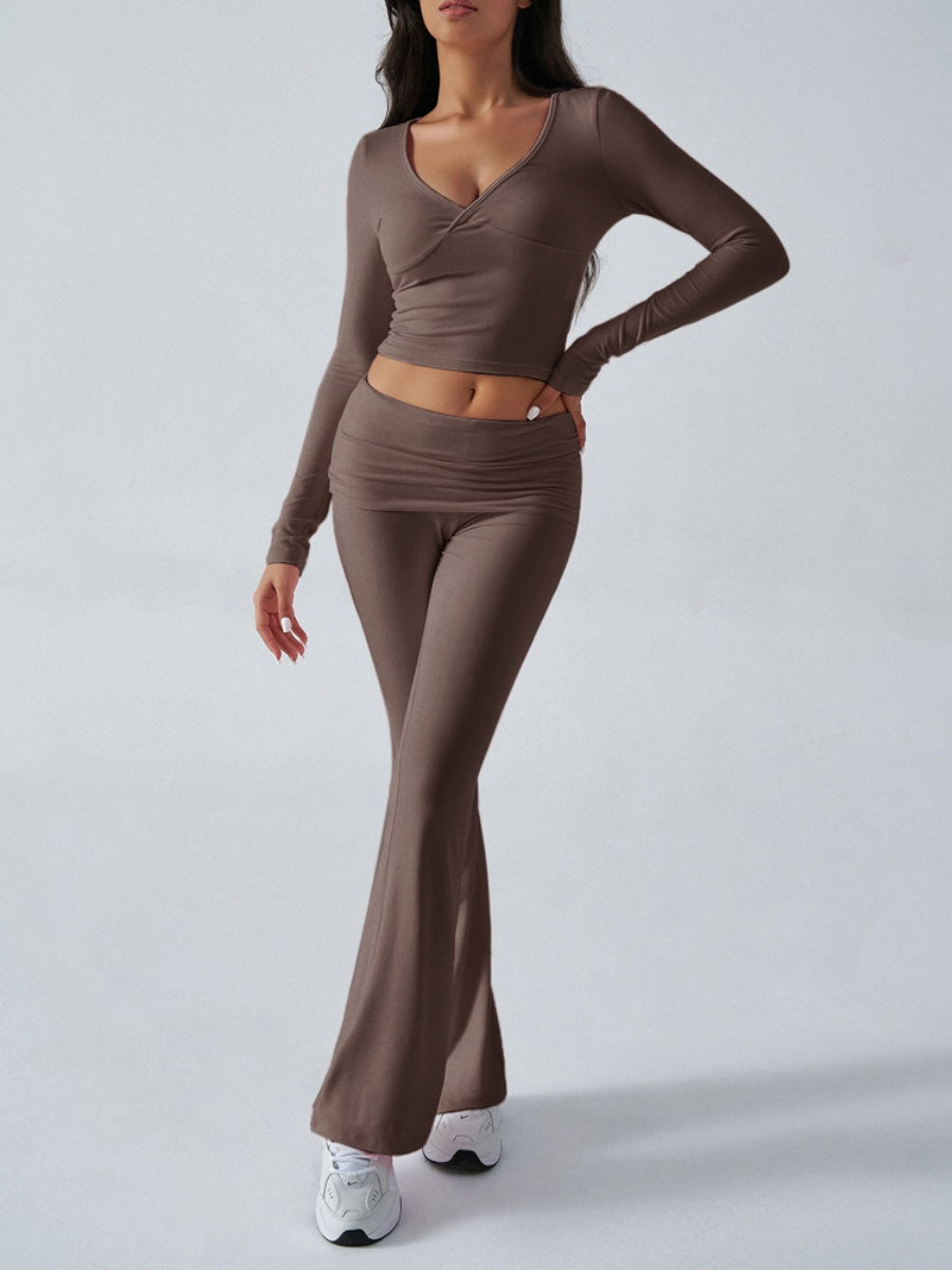 V-neck Long Sleeve Pants Pleated Navel Solid Color 2-piece Sets