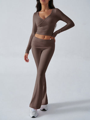 V-neck Long Sleeve Pants Pleated Navel Solid Color 2-piece Sets