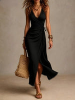 Deep V Halter Neck Crossover Bohemian Resort Style Long Dress