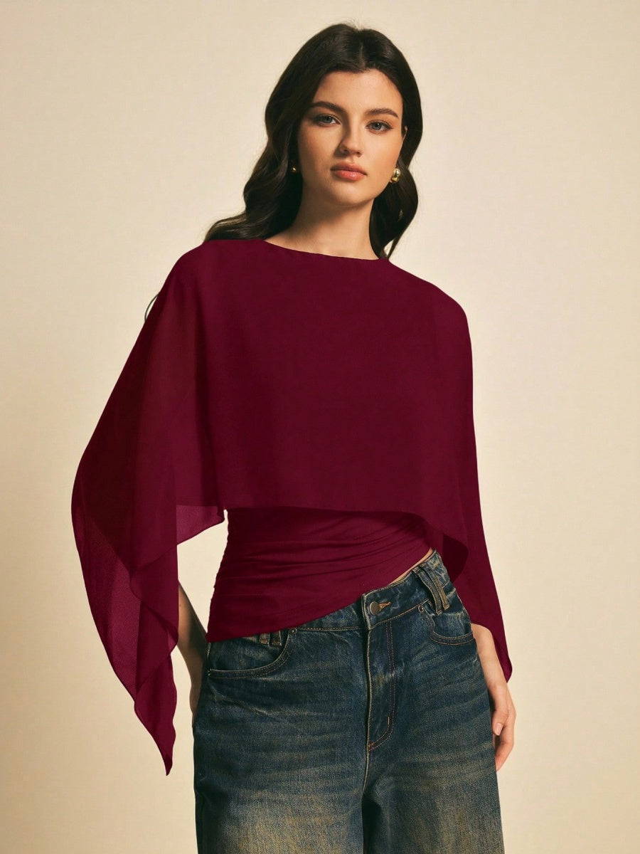 Cape-sleeve T-shirt, Round Neck, Loose Chiffon Cover-up, Elegant Irregular Top/T-shirt