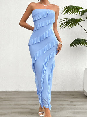 Hip Slim Fit Ruffle Solid Color Strapless Top Maxi Dresses