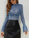 Sexy Lace Pullover Cashew Flowers Lace Slim Fit Slimming Outerwear Innerwear Bell-sleeved Mesh/sheer Top