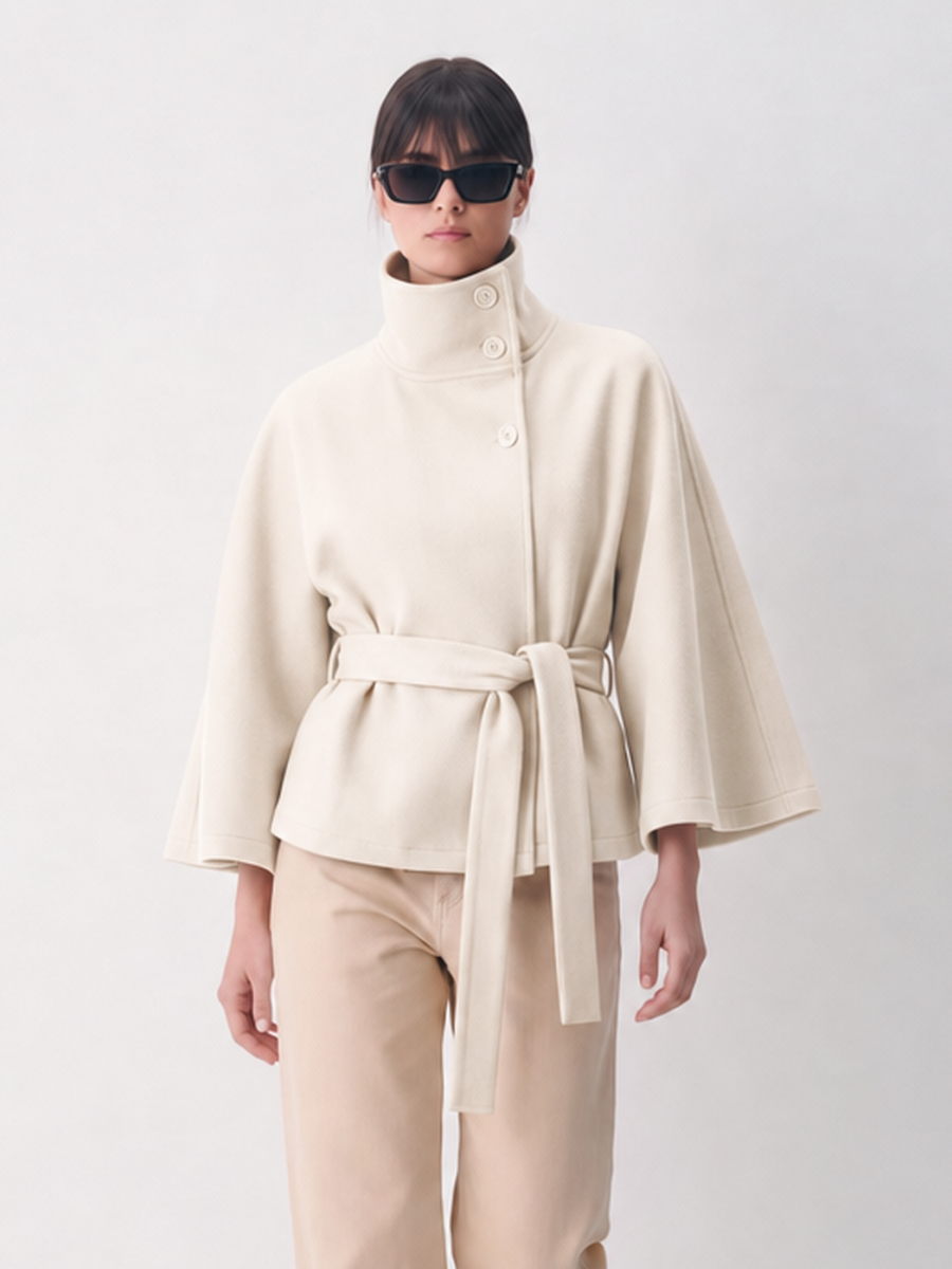 Stand Collar Large Sleeves Buttons Straps Solid Color Coats