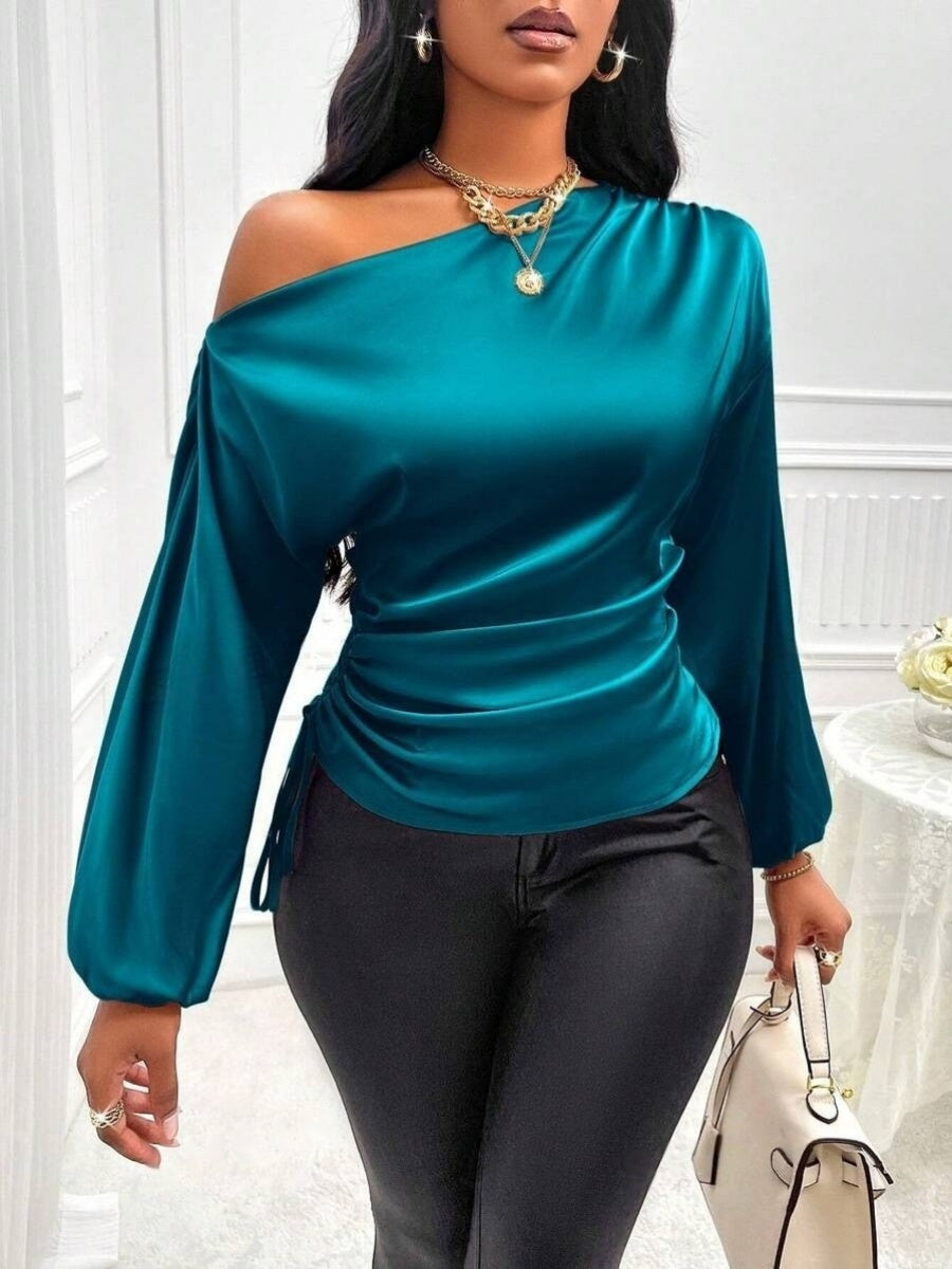 Satin Drawstring Asymmetrical Long-sleeved Slanted Neck T-shirt