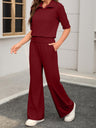 Collared Short-sleeved Top And Elastic Wide-leg Pants Two-piece Set