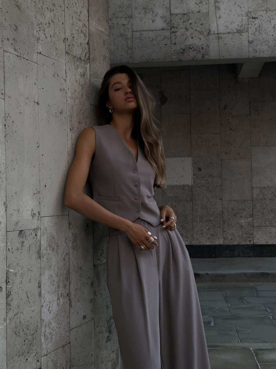 V-neck Sleeveless Vest, Flowy Wide-leg Trousers, Casual Style. 2-piece Sets