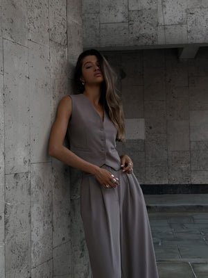 V-neck Sleeveless Vest, Flowy Wide-leg Trousers, Casual Style. 2-piece Sets