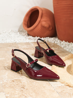Metal Buckle Pointed Toe Open Back Chunky Heel Mary Jane Shoes