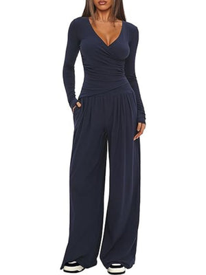 Long Sleeve V-neck T-shirt Loose-fit Wide-leg Pants Leisure 2-piece Sets