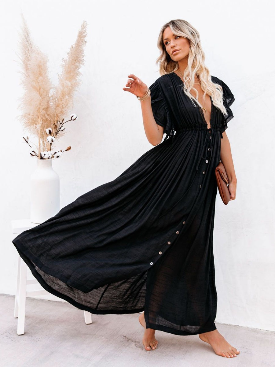 Bamboo-joint Fabric Button Waist Rope Long Cardigan Vacation Beach Jacket Sun Protection Long Skirt Bikini Cover-up