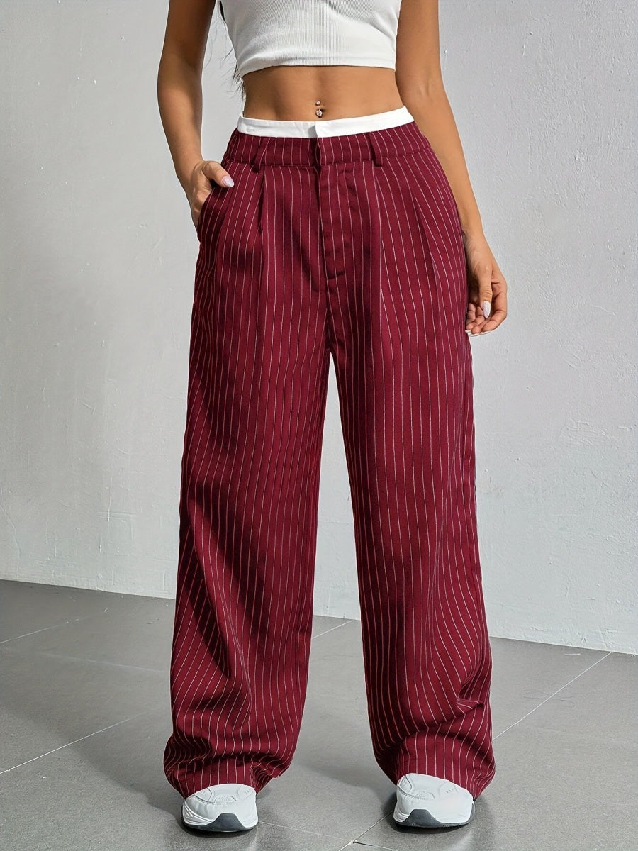 High Waist Color Matching Simplicity Drape Stripes Straight Wide Leg Pants