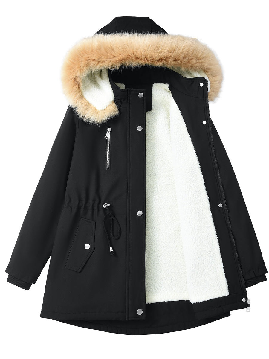 Mid-length Raincoat Water Proof Outdoor Drawstring Fur Collar Cotton-padded Jackets And Windbreakers