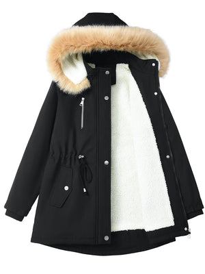 Mid-length Raincoat Water Proof Outdoor Drawstring Fur Collar Cotton-padded Jackets And Windbreakers