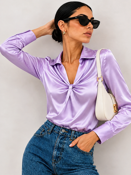Solid Color Satin Pleated Long Sleeve Blouse&Shirts