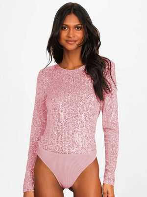 Long-sleeved, Slim-fit, Round Neck, Shimmering, Openwork Bodysuit