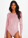 Long-sleeved, Slim-fit, Round Neck, Shimmering, Openwork Bodysuit