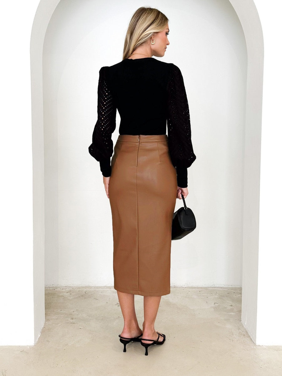 High Waist Zipper Pleats Hip Leather Skirts
