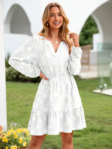 V-neck, Jacquard, Elastic Waist, Full Skirt, Long Sleeves, Ruffled Hem Short Dress
