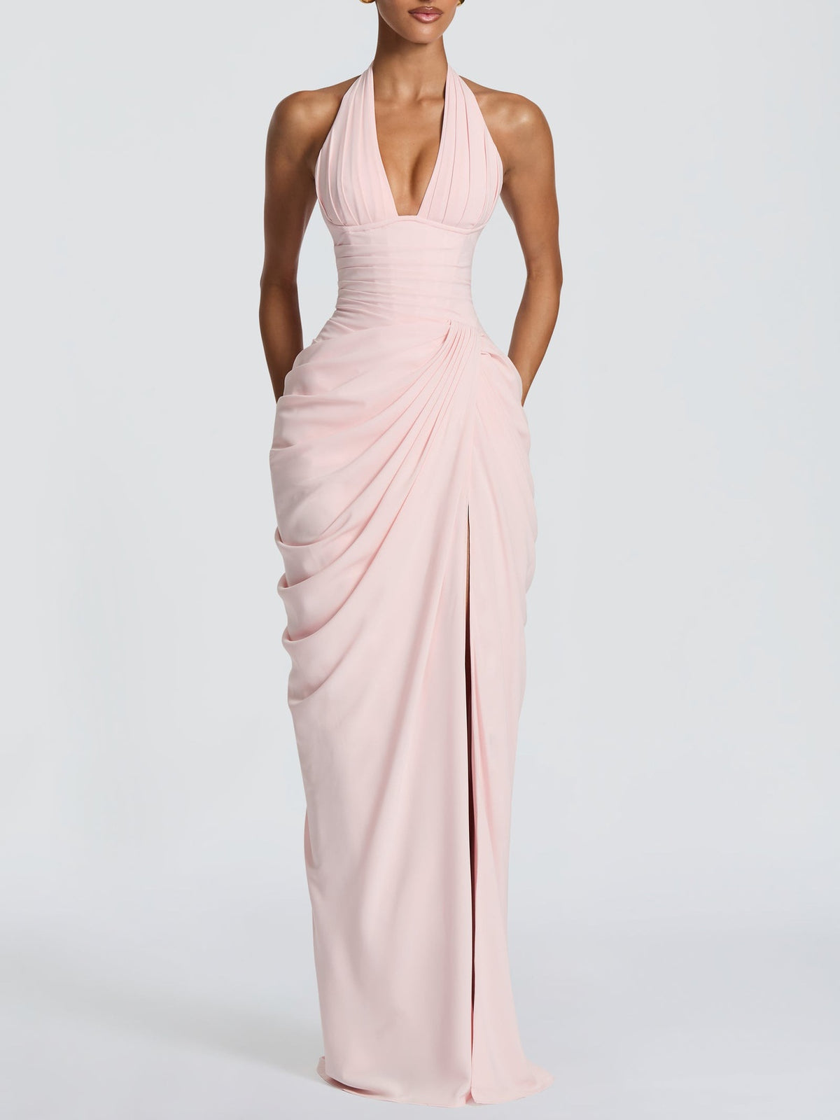 Halter Neck Pleated High Slit Long Dress