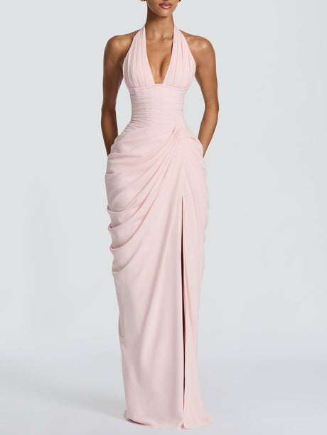 Halter Neck Pleated High Slit Long Dress