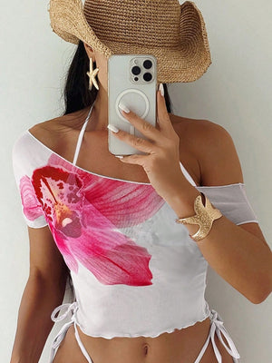 Finalized Floral Print Tie-up Bikini Three-piece Set