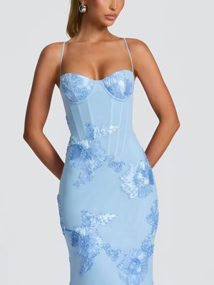 3D Embroidered Backless Cross-Strap Spaghetti Strap Long Dress