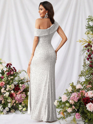 Sequined, Elegant, Asymmetrical Neckline, High Slit Long Dress